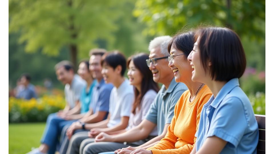 笑顔で対話する多様な人々、公園の休憩所で和やかな雰囲気