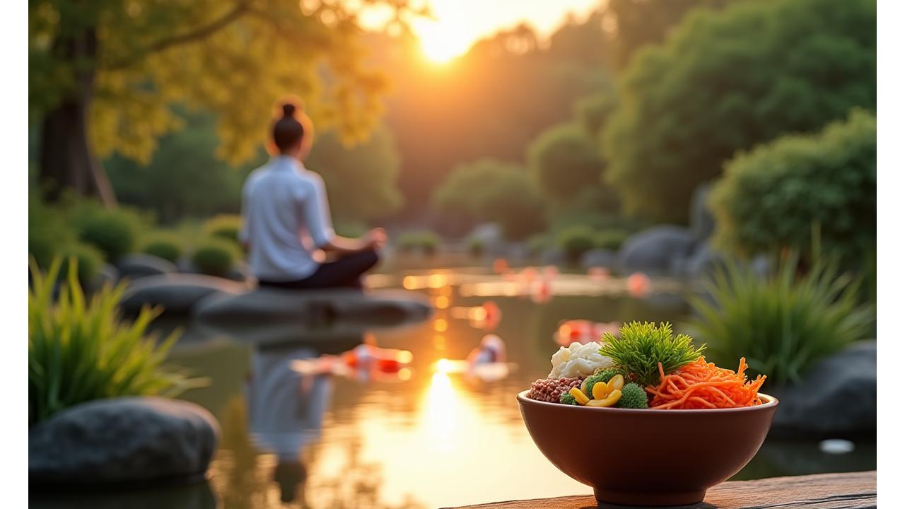日本の美しい自然の中で瞑想する人々と、和やかな食事風景