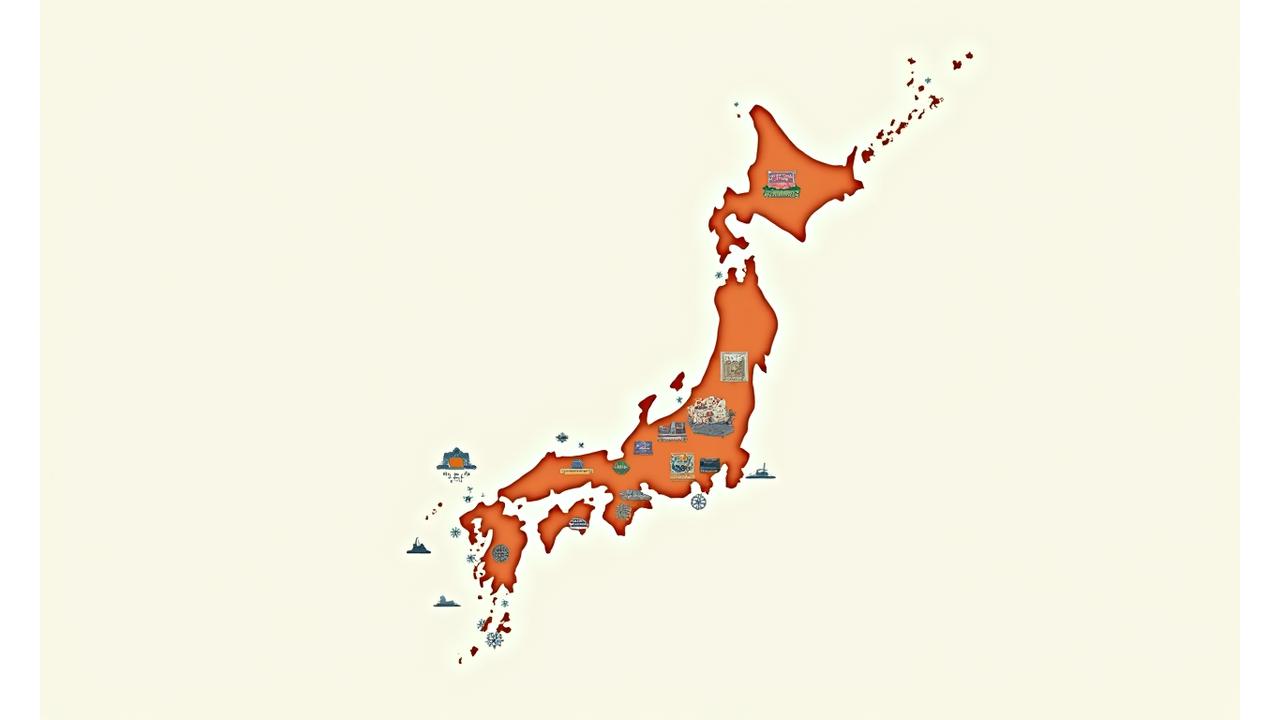 日本地図に、各地域を代表する伝統工芸品のアイコンが配置されたイラスト。